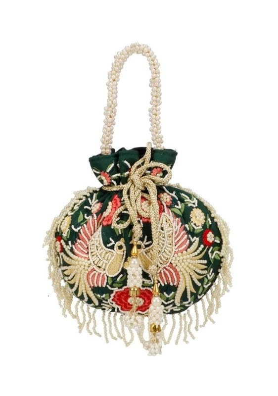 Zari Handmade Wedding Potli Bag | Embroidery Handbag With Beaded Chain For Women (Color: Dark Green)-image-7