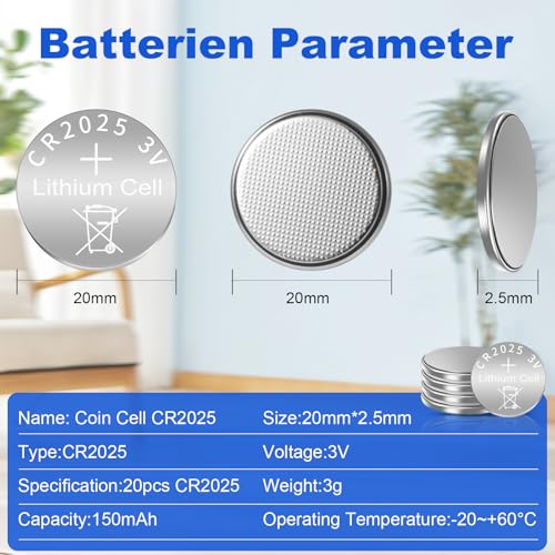 CR2025 Batterien Knopfzellen, 20 Stück Knopfbatterie CR2025 3V Lithium Knopfzelle CR 2025 Batterie 3volt für Elektronische Kleingeräte, Autoschlüssel, Fernbedienungen, Waagen 2
