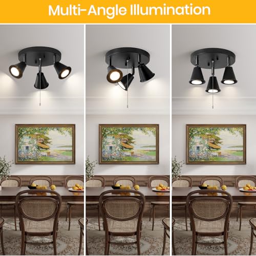 Image of 3-Light Industrial Directional Track Lighting with Pull Chain On /Off, Black Ceiling Spotlight, Morden Flush Mount Kitchen Light for Hallway,Di