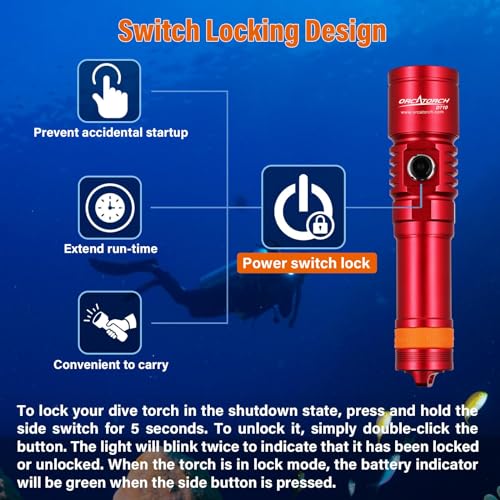 Image of ORCATORCH D710 Scuba Diving Light, 3000 Lumens Super Bright Underwater Flashlight with 6 Degrees Narrow Beam, IP68 Waterproof Night Dive Torch 150 Meters Submersible Light (Red)