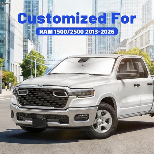 Image of Car Windshield Sun Shade for Dodge RAM 1500 /2500 2013-2026 -[Reflective Coated Fabric] Sunshade Umbrella for Front Window, Car Shades Sun Visor Keep Car Cool and Protects Interior, 1:1 Exact Fit