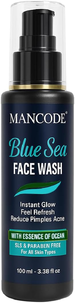 Mancode Blue Sea Face Wash-100ml | Instant Glow & Refreshing Feel | Reduces Pimples & Acne | Enriched with Ocean Essence | Paraben-Free, Gentle Formula for All Skin Types | Deep Cleansing