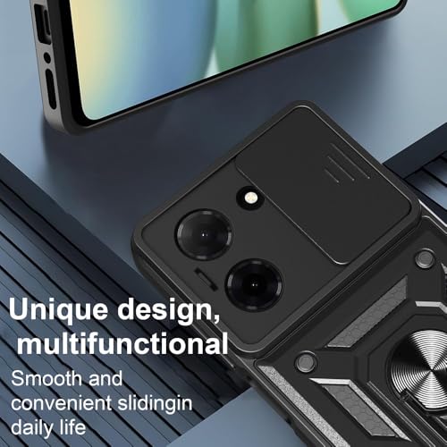 Image of Casodon Heavy Duty Back Case Cover for Tecno Pop 10 5G, Shockproof Tecno Pop 10 Back Cover, Ring Case with Kickstand and Camera Protection Shutter - Black