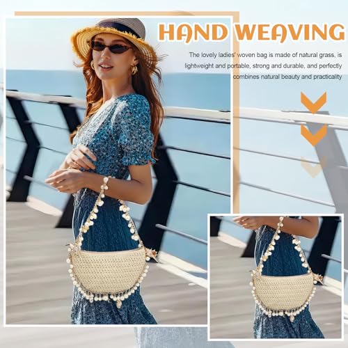 Abbylike Women Pearl Straw Clutch Purse, Summer Beach Evening Bag Beaded Straw Shoulder Handbag Women Shoulder Crossbody Bag for Wedding Summer Beach Travel Trendy Gift Party Favor4