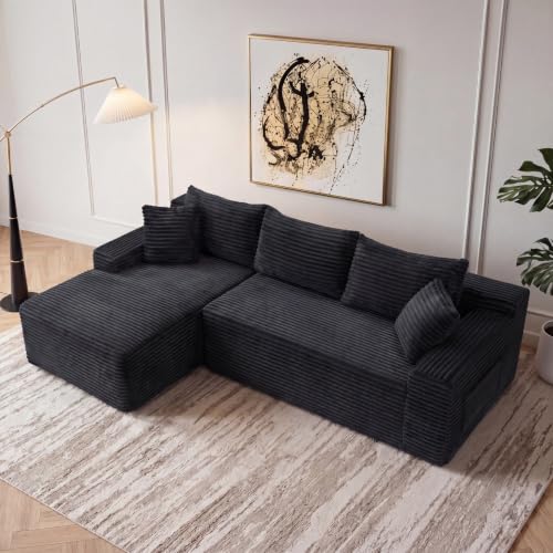Image of 94.5 inch L Shaped Boneless Sectional Corduroy Couches for Living Room (Black)