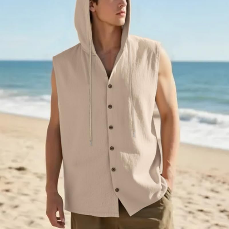 Men Linen Sleeveless Hoodies Button Down Shirt Summer Casual Hawaiian Beach Lightweight Fashion Hoodies3