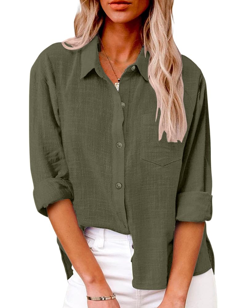 Friptspyg Bluse Damen Lässiges Langarm Hemdbluse Elegant Blusen & Tuniken für Damen V-Ausschnitt 100% Baumwolle Solide Sommer Oberteile mit Tasche
