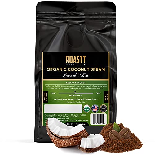 Coconut Coffee | Toasted Coconut Ground Coffee | Gourmet Medium Roast Organically Flavored Coffee Ground | Caffeinated Organic Toasted Coconut Coffee - 12 Ounce Roasted Flavored Coffee Grounds By Roastt Organic #TOP19
