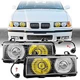 USR 92-99 E36 French EURO Glass Lens Projector Head Light 2 piece (Left + Right) Compatible with 1992-1999 BMW E36 3 Series M3 (HEADLIGHT YELLOW & CLEAR GLASS LENS)