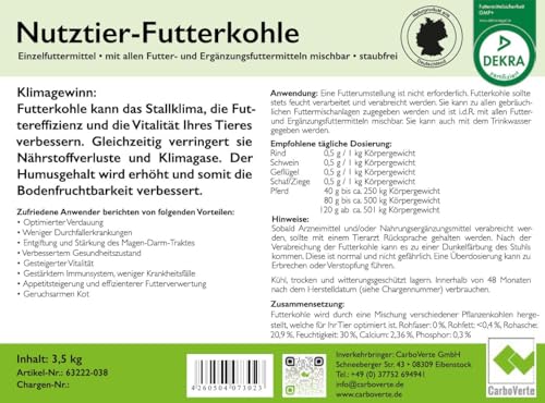 CarboVerte Nutztier-Futterkohle 3,5 kg – Höchste Standards für Futtermittelsicherheit, Bei Verdauungsproblemen & Durchfall bei Rindern, Schweinen, Geflügel - verbesserte Stallhygiene