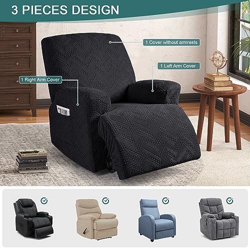 Image of Ruaozz Recliner Sofa Covers Recliner Chair Covers Recliner Covers for Reclining Chair with Pockets Washable Furniture Protector with Elastic Bottom (1 Seater, Black)