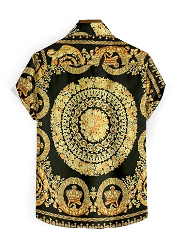 Image of Luxury Baroque Print Short Sleeve Shirt, Black and Gold Crown Pattern, Open Front Style