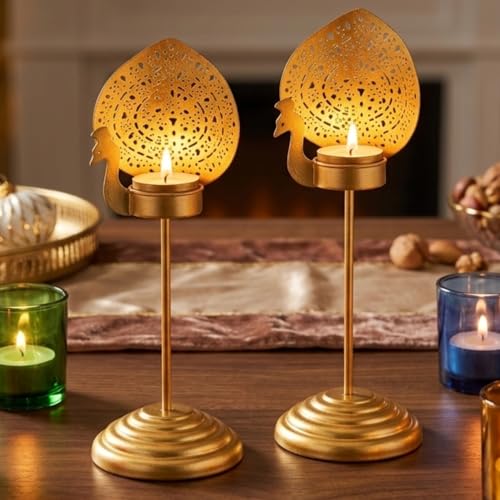 Image of Peacock Tealight Candle Holder Stand Set of 4 | Iron Gold Coated Tea Light Candle Stand | Side Table Showpiece | Perfect for Pooja Rooms, Diwali Decoration & Gifting