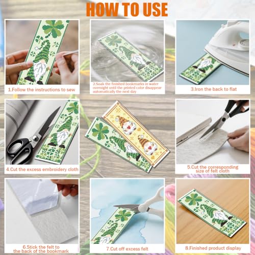 Image of FREEBLOSS 6 Set Cross Stitch Bookmark Kit St. Patrick Gnome Pattern Stamped Cross Stitch Kit 11CT Christmas Embroidery Kits with Instructions for Beginners Adult 20x6cm /8x2.4inch