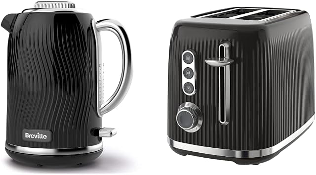 Breville VKT090 Flow Electric Kettle, 1.7 L, 3 KW Fast Boil, Black & Bold Black 2-Slice Toaster with High-Lift and Wide Slots | Black and Silver Chrome [VTR001]