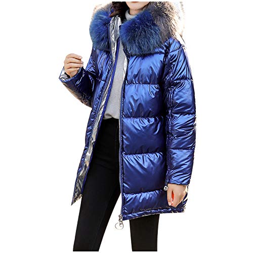 Tigivemen Women's Down Jacket Winter Mid Puffer Parka Coat with Removable Fur Hood Fashion Glossy Loose Jacket Coat Blue