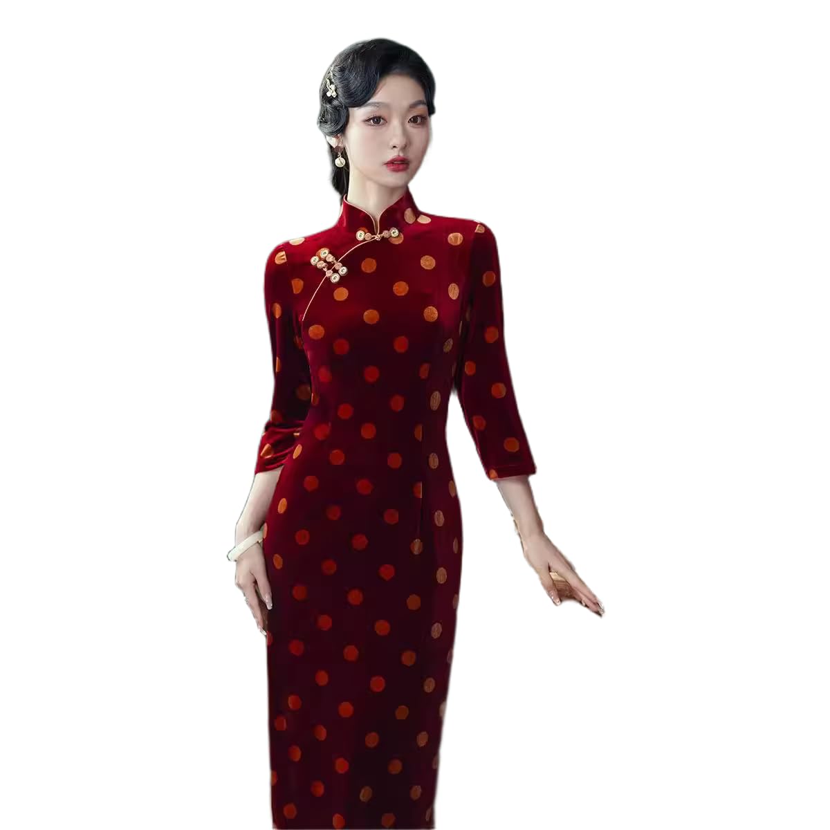 Cheongsam Manga Larga para Mujer - Vestido De Terciopelo Estilo Chino De Moda De Primavera Y Otoño Ajustado con Abertura Lateral para Uso Diario para Fiestas De Longitud Media Talla Grande Co