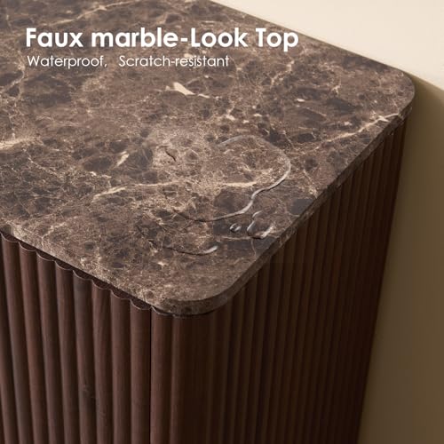 Image of Fluted Nightstand Set of 2, 23 inch W Night Stand with 3 Drawers, Wood Bed Side Table with Faux Marble-Top, Curved Corner, Metal Handle, Modern Bedside Table for Bedroom, Living Room, Office, Dark Oak