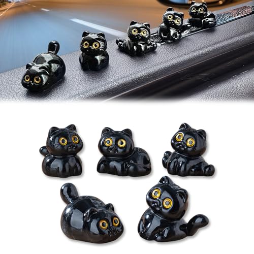 5PCS Black Car Cute Cat Decor Rearview Mirror Decorations Dashboard Truck Interior Charms Cartoon Ornaments Decorate Funny Pussy Figure Gifts RV Animals Decors Creative Universal Trim Accessories