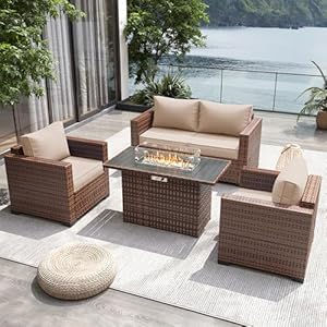 UDPATIO Patio Furniture Set with Fire Pit Table, 4 Pieces Outdoor Furniture Sets, Wicker Rattan Patio Conversation Sets with Outdoor Sofa Waterproof Covers for Porch Deck Backyard, Khaki