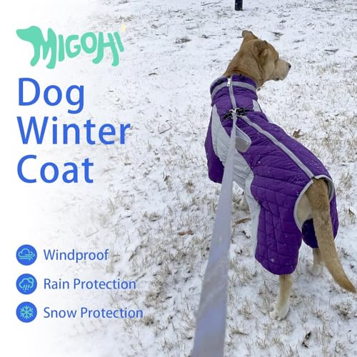 Image of MIGOHI Full Body Dog Coat,Warm Coats for Small Dogs | Reflective Winter Coat for Dogs with Harness,Turtleneck Dog Snowsuit with Legs,Windproof Pet Fleece Puffer Jacket,S,Purple