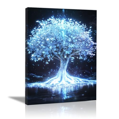 Arbre de vie bleu glacier pour habiller un grand mur vide de salon : toile 70x100