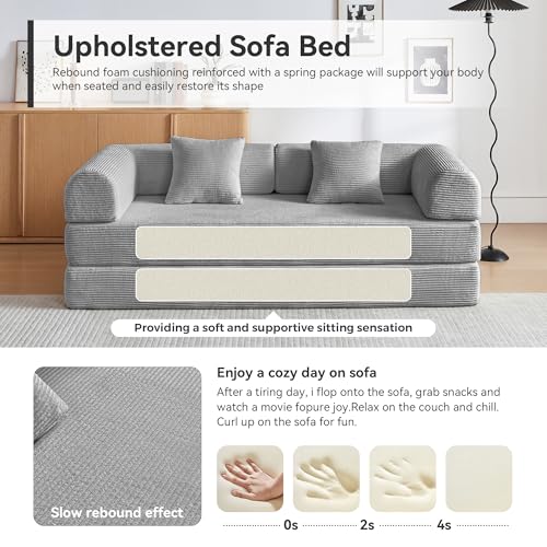 Image of Convertible Sleeper Sofa Bed, Sleeper Sofa with Pillow | Corduroy Fabric | High-Density Sponge | Fixed-Shape Frame, Modular Sofa Bed for Living Room Lounge Studio (Light Grey)