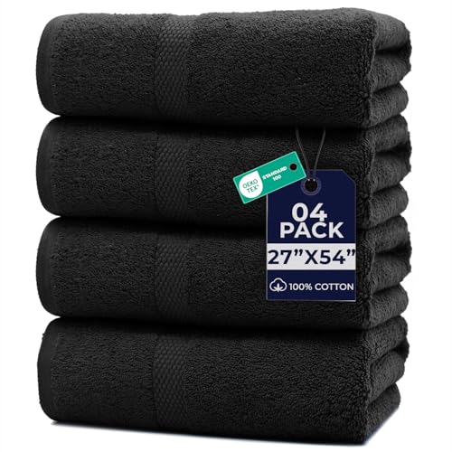 Image of DAN RIVER Bath Towels Set of 4, 27 x 54 Inches, 100% Cotton, Larger & Lighter Weight, Quicker to Dry, Super Soft and Absorbent, Ideal Black Bath Towels for Daily Use