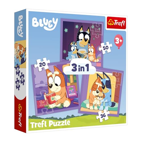 Trefl - Bluey, Meet Bluey - 3-i-1-pussel, 3 pussel, 20 till 50 bitar - olika svårighetsgrader, underhållning för barn från 3 år