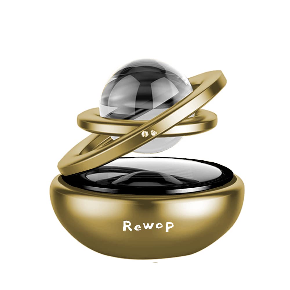 REWOP Solid Solar Powered Metal Double Ring With Crystal Rotating Car Interior Dashboard Accessories (Gold Black),1 Count