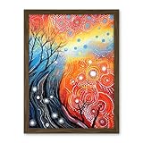Artery8 Contemporary Aboriginal Artwork in Blue and Orange Vibrant Abstract Forest Trees and Stars Artwork Framed Wall Art Print 18X24 Inch