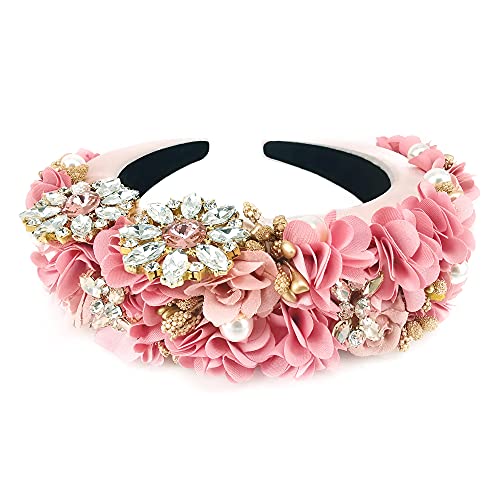 QTMY Flower Crystal Rhinestone Pearls Headbands for Women,Hair Hoop Accessories Jewelry Head Band Headwear,Pink