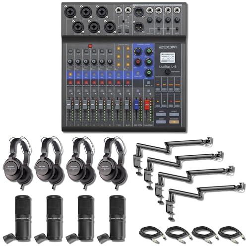 Zoom LiveTrak L-8 8-Channel Digital Mixer & Recorder with 4x Zoom ZDM-1 Podcast Microphone Pack and StreamEye LowPro Low Profile Mic Arms