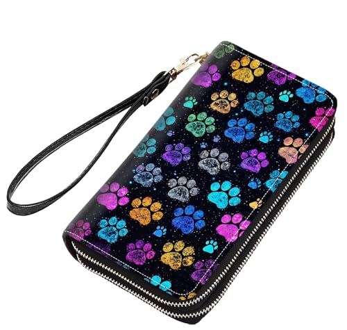 Colorful Dog Paw Prints Print Women Large Capacity PU Leather Double Zipper Wallet, Multifunctional Clutch Purse for Cash/Card/Coin/Smart Phone