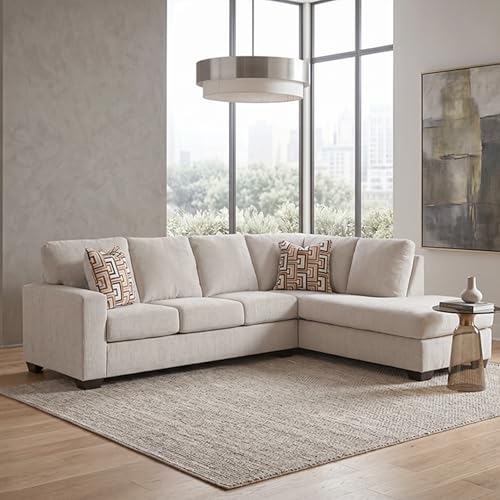 Image of Signature Design by Ashley Aviemore 110 inch L-Shape Stone Chenille Sectional | Right-Arm Facing sectional, 110-in wide stone chenille fabric, Platform foundation system, Loose seat cushions