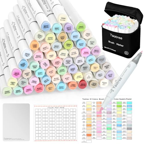Taotree Alcohol Markers Brush Tip 61 Pastel Colors Dual Tip Brush Markers Art Supplies Coloring Pens Brush & Fine Tip Sketch Pens Drawing Supplies Artist Adult Coloring Book Painting Sketching