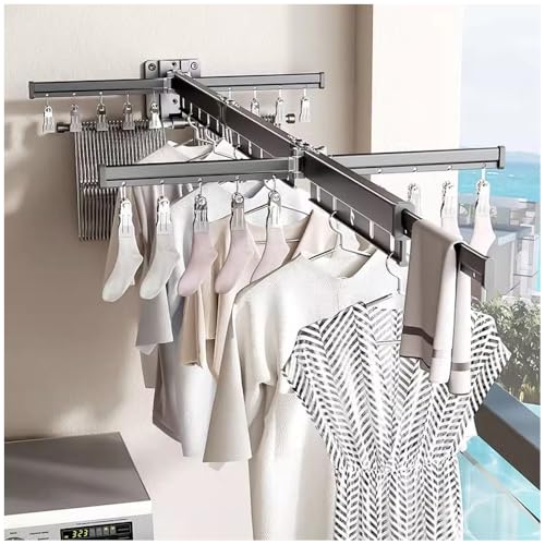 Clothes Drying Rack Wall Mounted, Retractable Garment Rack with Hooks, 360° Rotating Tri-Collapsible Laundry Clothes Drying Rack for Balcony, Laundry, Bathroom (Gunmetal grey)