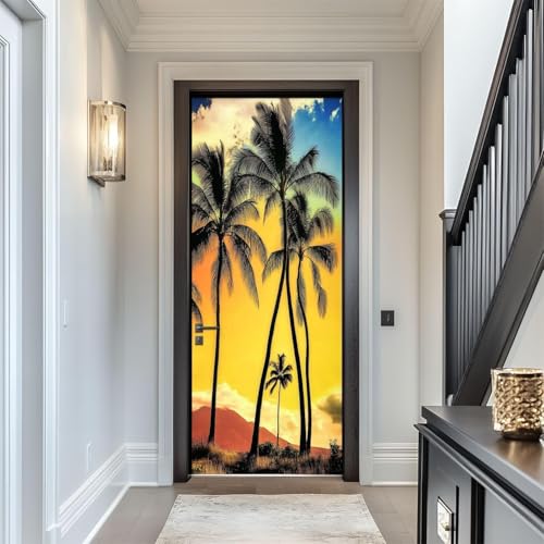Pegatinas Puerta 3D Palmeras Pegatinas para Puertas de Paisaje Al Atardecer Vinilo Decorativo Pegatina Pared Mural para Puerta Autoadhesivas Papel Pintado Puerta 90x200 cm B-4480