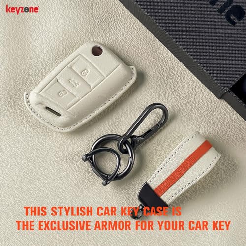 Image of keyzone Royal Leather Car Key Cover For Virtus, Kylaq, Slavia, Kodiaq, Kushaq, Taigun, Tiguan, Octavia, Jetta, Superb, Karoq, T-ROC Flip Key (Vanilla Satin), Beige