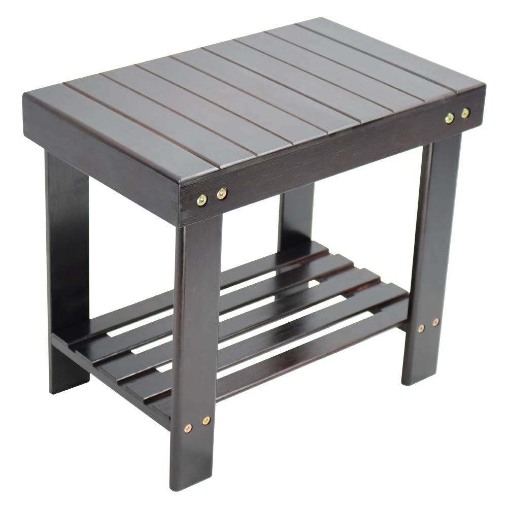 KKTONER Taburete de bambú con banco de ducha de almacenamiento con estante para baño, sala de estar, dormitorio, marrón oscuro