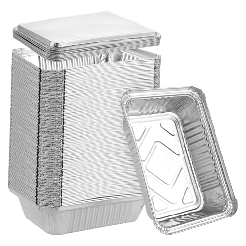 LDHHYH 60 cuencos de aluminio con tapa, 1000 ml, de aluminio, con tapa, bandejas de aluminio, desechables, para hornear, asar, cocinar, 22 x 15,8 x 5,5 cm