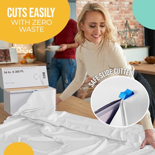 Party Solids 54 Inch X 300 Feet White Plastic Table Cover Roll in A Cut - to - Size Box with Convenient Slide Cutter. Cuts Up to 36 Rectangle 8 Feet Plastic Disposable Tablecloths - Image 7