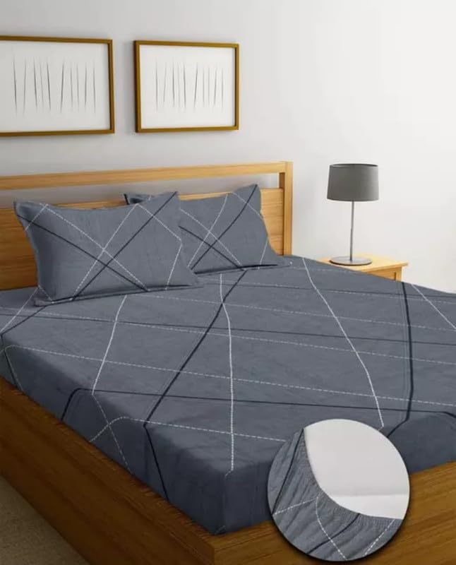 RT_Premium Cotton Elastic Fitted Bedsheets with 2 King Size Pillow Covers | Double Bed with All Around Elastic 180 TC Supersoft/Breathable| Size-78X72+10 inches(BZ_Bedsheet_49)