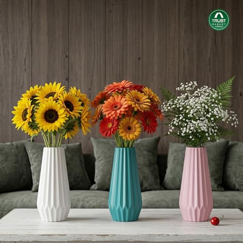Image of TrustBasket Serene Flower Vase Set of 3 Sky Blue Pink White Decorative Plastic Table Accent for Living Room, Bedroom & Dining Table, Modern Home Decor Display for Fresh or Artificial Flower