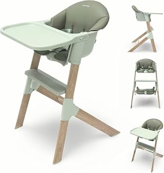 Venture MICO Highchair - Stylish Scandi Style Modern Baby Highchair with Wood Effect, Easy Clean Design, and Padded Seat Cushion for Comfort and Support - Baby Highchair for Dining and Play - Green