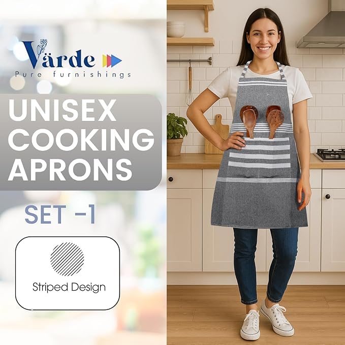 Image of Unisex Cooking Aprons | Waterproof Apron | Striped Design with 2 Front Pockets & Adjustable Neck Strap | Durable, Oil & Stain Resistant | Chef Apron for Cooking