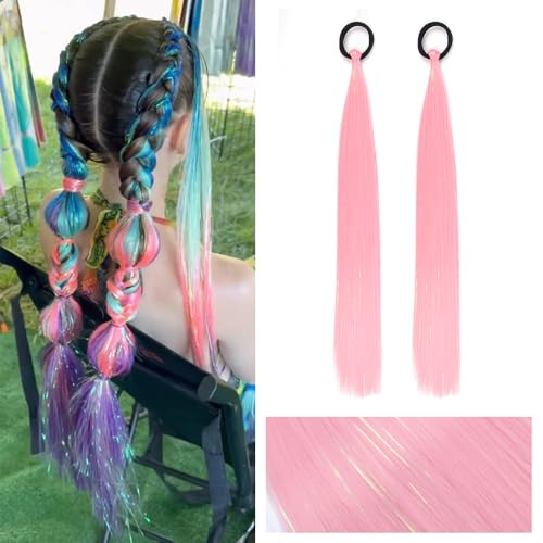 ZIRANJUAN 2 Pack Light Pink Ponytail Extension 20inch with Elastic Tie Straight Sleek Wrap Around Braid for Girls, Synthetic Hair Accessories, Cosplay Wig Party Decor
