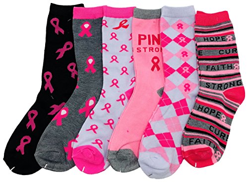6 Pairs Womens Breast Cancer Awareness Socks, Pink Ribbon Soft Sport Sock Bulk Pack2