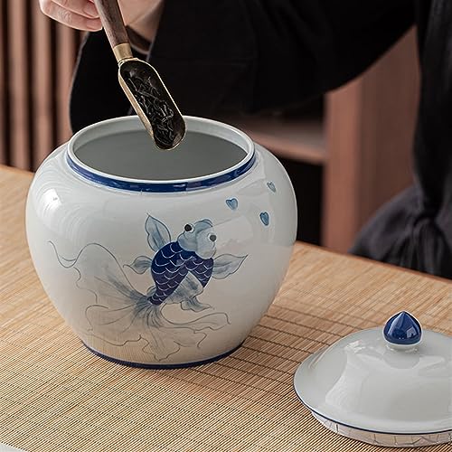 Boîte à thé Koi peinte à la main grand pot en céramique bleu
