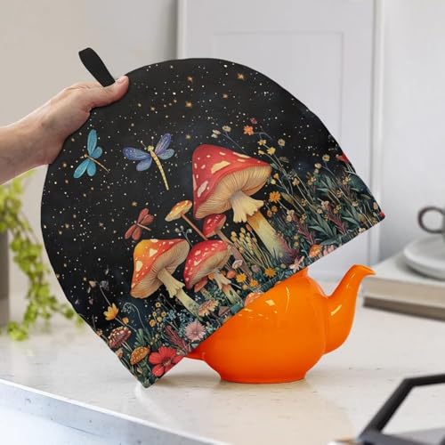 Image of Mushroom Dragonfly Floral Teapot Cozies Keep Warm Insulated Cozy for Teapots Breakfast Warmer Kettle Cover Kitchen Accessories